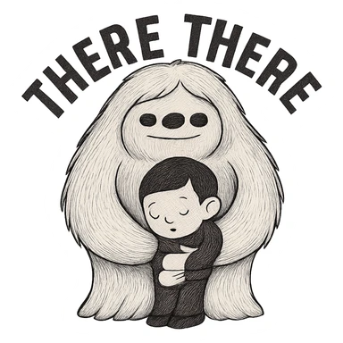 Further reduce the image file size while keeping the background transparent and preserving the 'there there' text through the head of the Abominable Snowman hugging the much smaller kid. Prioritize file size reduction. sticker