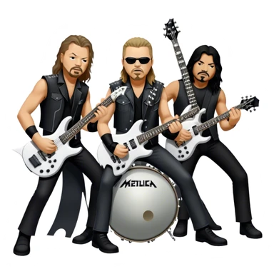 Icon for Metal Music: Metallica band members detailed in their signature look. James Hetfield with guitar, Lars Ulrich on drums, Kirk Hammett with his electric guitar, and Robert Trujillo playing bass. Bold, energetic style with musical notes, all in a heavy metal aesthetic. Transparent background. sticker