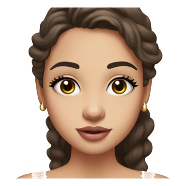 fair-skinned girl with black, slim shaped eyes and long lashes. long, dark brown hair styled in a wavy blowout. wearing a delicate white lace tank top and a dainty gold necklace, plump light pink lips. sticker