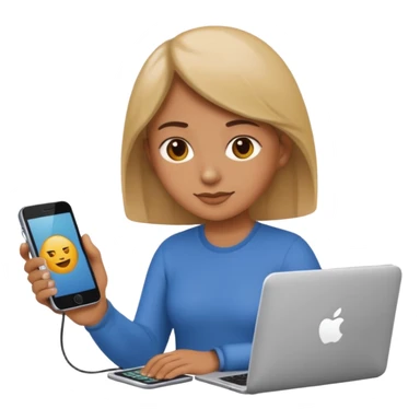 persona con el teléfono y la computadora al mismo tiempo, estilo emoji de Apple sticker