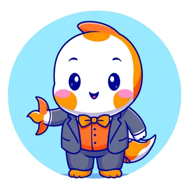 A super kawaii koi fish character with enormous cute eyes, blushing cheeks, bubbly playful expression, orange and white patterns, wearing a tiny business suit with bowtie sticker
