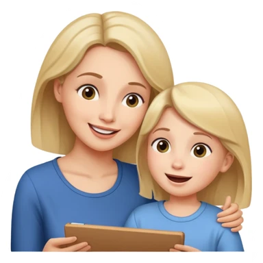 pleasanty surprised mother with child showing drawing sticker