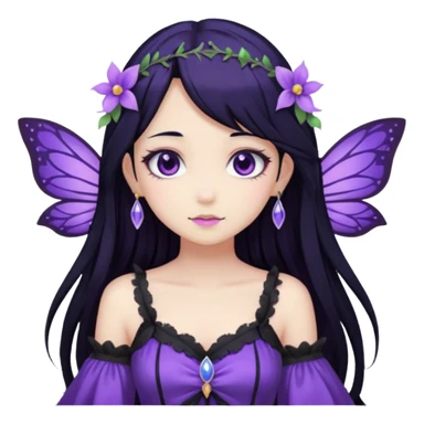 Gothic anime fairy with long beautiful black hair and purple dress, pastelcore, sticker