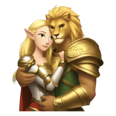 A lion leonin with golden armor hugging a female blonde elf  sticker