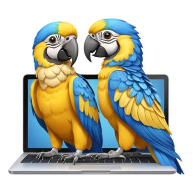 Two yellow and blue macaws using a laptop sticker