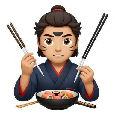 Man with wide eyes eating sushi in a samurai outfit wide eyes sticker