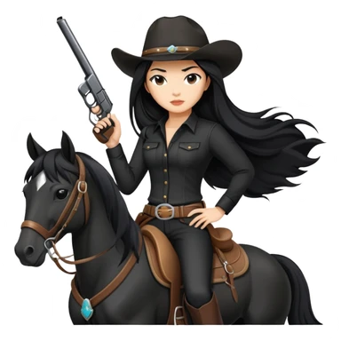 confident Asian woman with long black hair wearing black outfit riding a horse cowgirl style with a pistol sticker