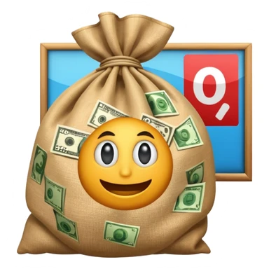 a sack of money in front of a billboard advertisement sticker