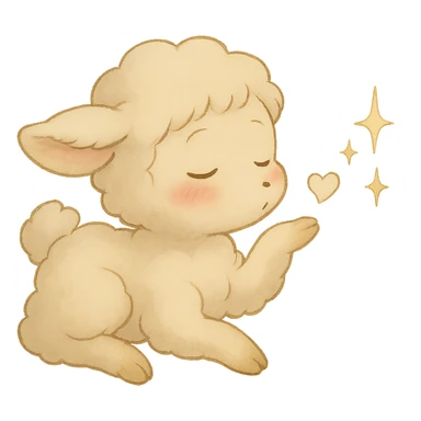 Make the vanilla-colored cloud doe appear to be sleeping, with rosy cheeks, blowing a kiss with sparkles, soft Ghibli style, with no background. sticker