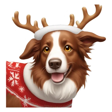 Red white Border Collie wearing a Christmas sweater and reindeer antlers on his head sticker