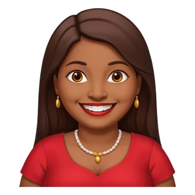 50 yr old chubby Sri Lankan woman, dark skin, straight brown hair, big smile, white teeth, red dress clothes, longer hair straight sticker