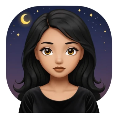 She has round head with oversized glossy eyes that dominate her face, giving her a dreamy expression. Her eyes are a warm brown with long lashes. She has light brown skin. Long jet black hair. She’s wearing a dark dress sticker