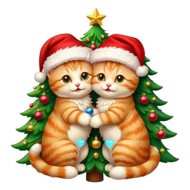 two hugging cream happy fluffy cute smiling kittens with Santa hats by a colorful multicolored brightly lit up Christmas tree sticker