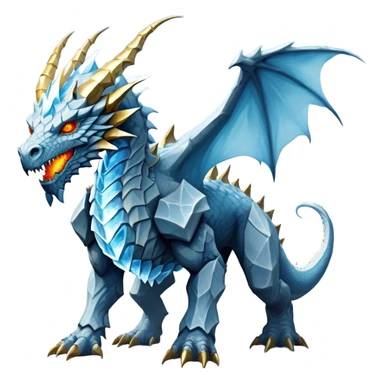 This extraordinary hybrid creature combines the elemental power of an ice dragon with the raw physical might of a stone golem. Its core body resembles a cluster of angular, faceted stones that have been infused with magical ice energy. The creature's head features a draconic shape with curved horns and piercing amber-gold eyes, but parts of its face retain the jagged stone texture. Blue-white energy flows between the rock segments, creating glowing lines throughout its body. The creature has developed partial wings made of crystalline ice formations extending from its rocky frame, and its tail alternates between stone segments and ice spikes. Sharp teeth line its mouth, some appearing as polished stone, others as ice crystals. Frost continuously emanates from its body, and when it moves, it creates a distinctive sound of grinding stone and crackling ice. full body sticker