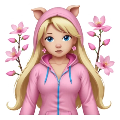 sexy and muscled, full body, in pink kegurumi pijamas, pig hood, sexy woman, long blond hair, beautiful blue eyes, makeup, earrings, muscled, surrounded by pink flowers and sakura petals sticker