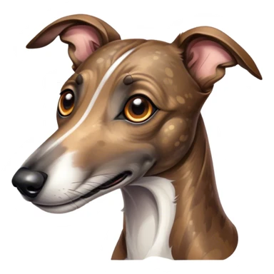 Cinematic Cute Brindle Greyhound Portrait Emoji, Head tilted playfully and inquisitively, featuring a sleek brindle Fur with subtle variations and round, sparkling eyes filled with curiosity, Simplified yet irresistibly adorable features, highly detailed, glowing with a warm, friendly glow, high shine, affectionate and nimble, stylized with a touch of whimsy, bright and endearing, soft glowing outline, capturing the essence of a mischievous yet loving companion, so playful it feels like it could sprint out of the screen and into your arms! sticker