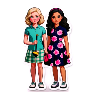  one  girl with short straight black hair and pale skin with golf clothes on, one American girl with long curly dirty blond hair and a floral dress on.  Both are friends sticker