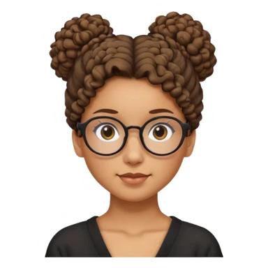 un chica con pelo rizado el peinadpo: un recogido osea todo el pelo recogido menos dos mechones alante que le llega hasta el cuello. luego pil un poco morena ojos marrones y tiene gafas negras y son exagonales pero un poco redondeadas.  sticker