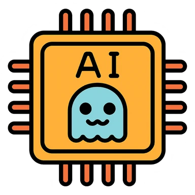 color outline icon of an AI chip with a friendly face, cool and a bit spooky sticker