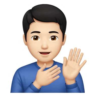 Asia guy black hair side part rubbing hand together and smirking with tongue out on the side a bit little eye and hands together sticker