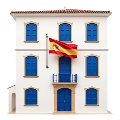 Andalusian-style Spanish house with white walls, blue windows, Spanish flag (red-yellow-red horizontal stripes) hanging from a small flag pole on the facade sticker