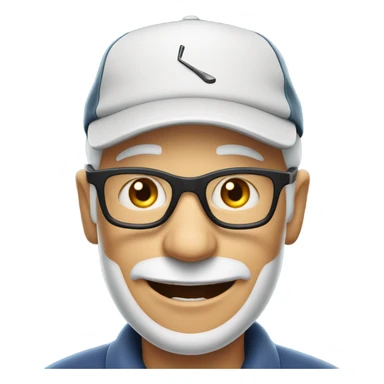 smiling elderly man with no beard  in glasses swinging a golf club and wearing a cap sticker