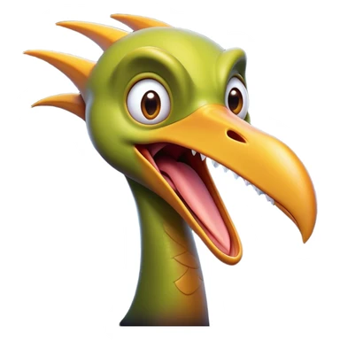 Cinematic Comical Pterodactyl Portrait Emoji, Head tilted dramatically with an exaggeratedly shocked expression, featuring a sleek, streamlined body with a quirky, animated beak and wide, comically expressive eyes full of playful disbelief, Simplified yet hilariously expressive features, highly detailed, glowing with a slightly sassy ethereal glow, high shine, dramatic yet playful, stylized with an air of cheeky prehistoric mischief, soft glowing outline, capturing the essence of a meme-worthy Pterodactyl that looks ready to side-eye its way into viral fame! sticker