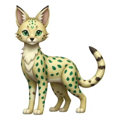 Epic complex detailed emerald-green dark-brown beige pastel realistic aesthetic-scenic-Fakémon-Sprigatito-Floragato-Meowscarada-Trico-Sergal-Serval-Vernid-creature (full body) sticker