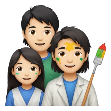 Happy Asian boy with long hair and girl messy painters sticker