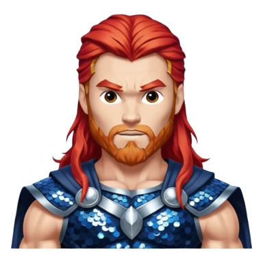Thor, God of Thunder from Gods and Goddesses with long red hair, dark blue and silver sequin outfit sticker
