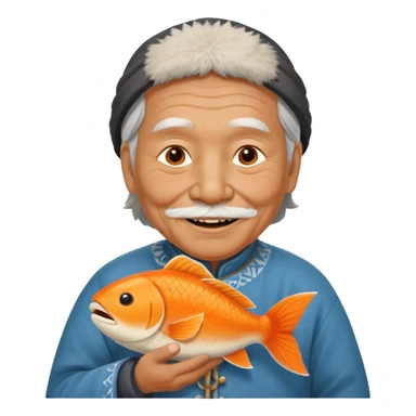 old inuit man with traditional inuit clothes and orange fish sticker