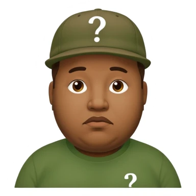 fat man with brown cap and green t shirt printeed a question mark sticker
