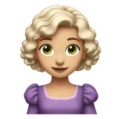 green eyes and a delicate face with a gentle smile. Her complexion is fair and radiant, and she wears a purple dress with puffed sleeves. Her expression is joyful, curious, and full of life, radiating softness and innocence. sticker