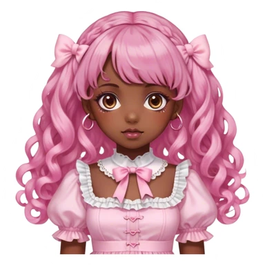 dark girl , who has curly medium length pink and pink swirled hair with bangs , brown eyes , and doll like makeup , in a light pink lolita hime gyaru dress  sticker
