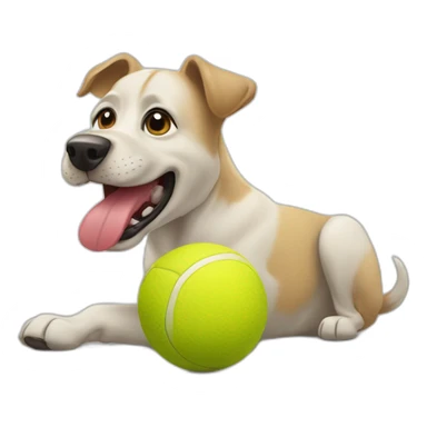A Dog doing pilares while chewing o his ténis ball sticker