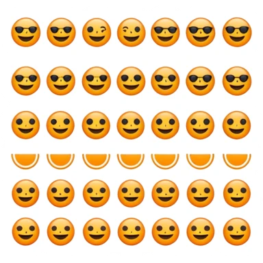 Minimalist flat emoji icon set, bright vivid orange symbols (#FF6200 or #FF8C00) on pure black background (#000000), sharp clean edges, no gradients, no shadows, high contrast, simple geometric shapes, modern UI icon style like Telegram stickers or Discord emojis sticker