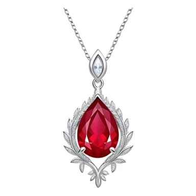 teardrop ruby pendant with fiery light, tiny phoenix feather emerging, haloed by shimmering white stones, silver chain like liquid moonlight sticker