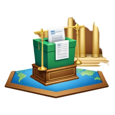 An icon featuring a ballot box with a voting paper, a government building with columns, and a scale of justice, symbolizing political science. The design includes a world map in the background, representing global political systems. Transparent background highlights governance and civic studies. sticker