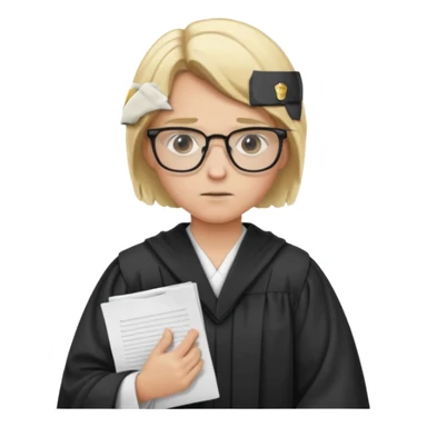 Young judge, blonde hair with glasses and robe, hold a paper sticker