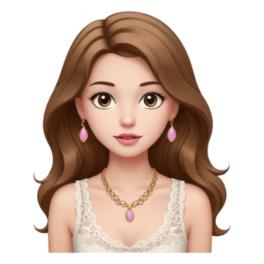 fair-skinned girl with dark brown, slim shaped eyes and long lashes. long, light brown hair styled in a voluminous, wavy blowout. wearing a delicate white lace tank top and a dainty gold necklace, plump pink lips. sticker