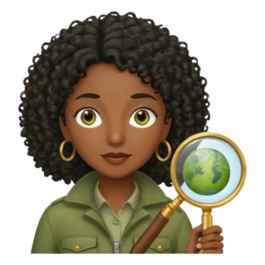 dark skin curly black haired middle-aged woman in moss green explorer outfit, holding magnifying glass sticker