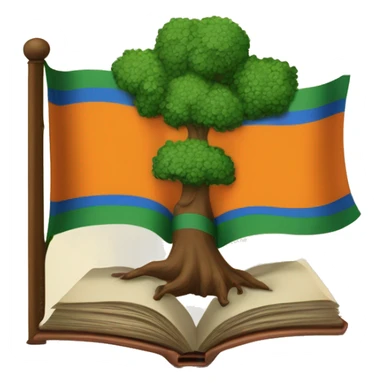 A flag whose left side is orange, whose right side is white, and which has a blue crest in the middle. Inside the crest is a book at the bottom, a tree with green leaves on the right-hand side, and across the top of the crest is the words "ARD MHACHA". sticker