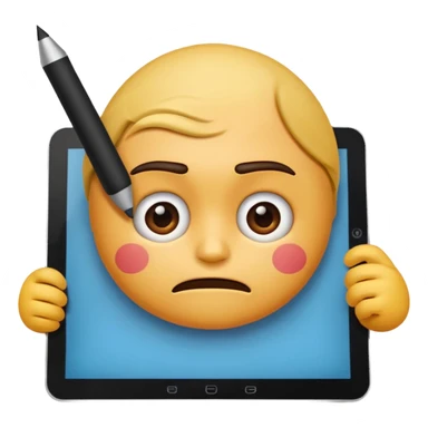 emoji holding and drawing on tablet using a stylus, looking down at screen in frustration sticker