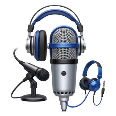 Create a sleek and professional emoji that represents voice acting and dubbing equipment. The design should feature a high-quality microphone, a sound mixer or audio interface, and headphones to symbolize the recording and technical process. Include elements like a soundproof booth or audio cables to reflect the studio environment. Use a modern, clean design with colors like silver, black, and dark blue to represent the professional side of voice acting. The background should be transparent. sticker