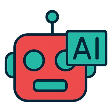 Modern icon for AI tools, stylized robot head or neural network, sleek and simple, in the style of a color outline icon, using a red and teal color scheme, with no background. sticker