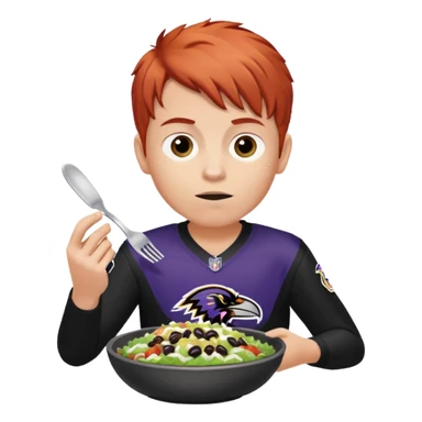 a red-haired boy wearing a ravens jersey and eating a chipotle burrito bowl sticker
