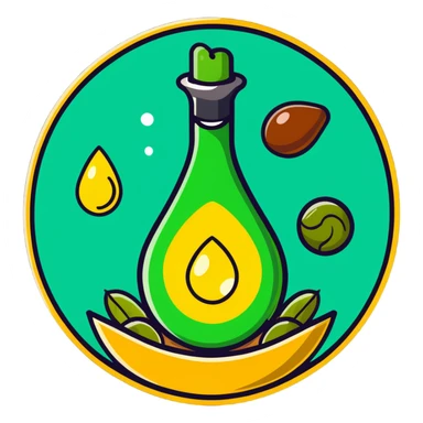 Floating aura in the shape of a golden and jade green drop, with bright icons of avocado, nuts, olive oil and ethereal fish spinning in a circle, surrounding a warm heart and illuminated brain, wrapped in a soft glow of protection and stable energy sticker