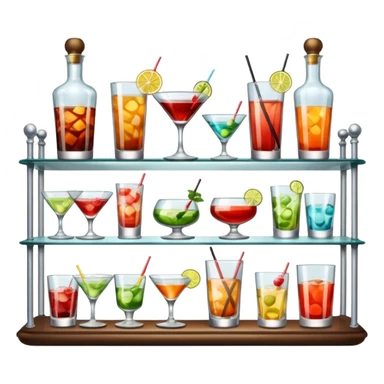 A glass shelf filled with cocktail bottles and fancy drinking glasses.
 sticker