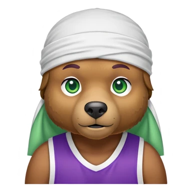 Stylish brown bear with green eyes wearing a white durag and purple and gold basketball jersey visible only to the shoulders, iOS emoji style sticker