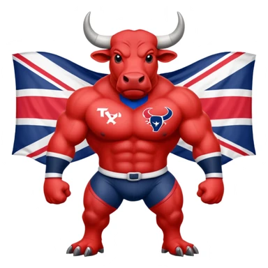 Houston texans bull, wearing a texans jersey, with a union jack flag behing sticker